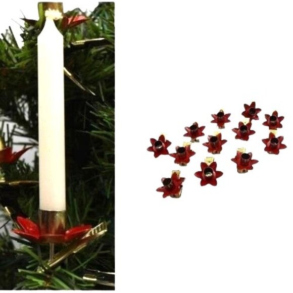 12 Vintage Red Pointsettia Flower Metal Candle Clips Christmas Tree Decoration - Picture 1 of 10